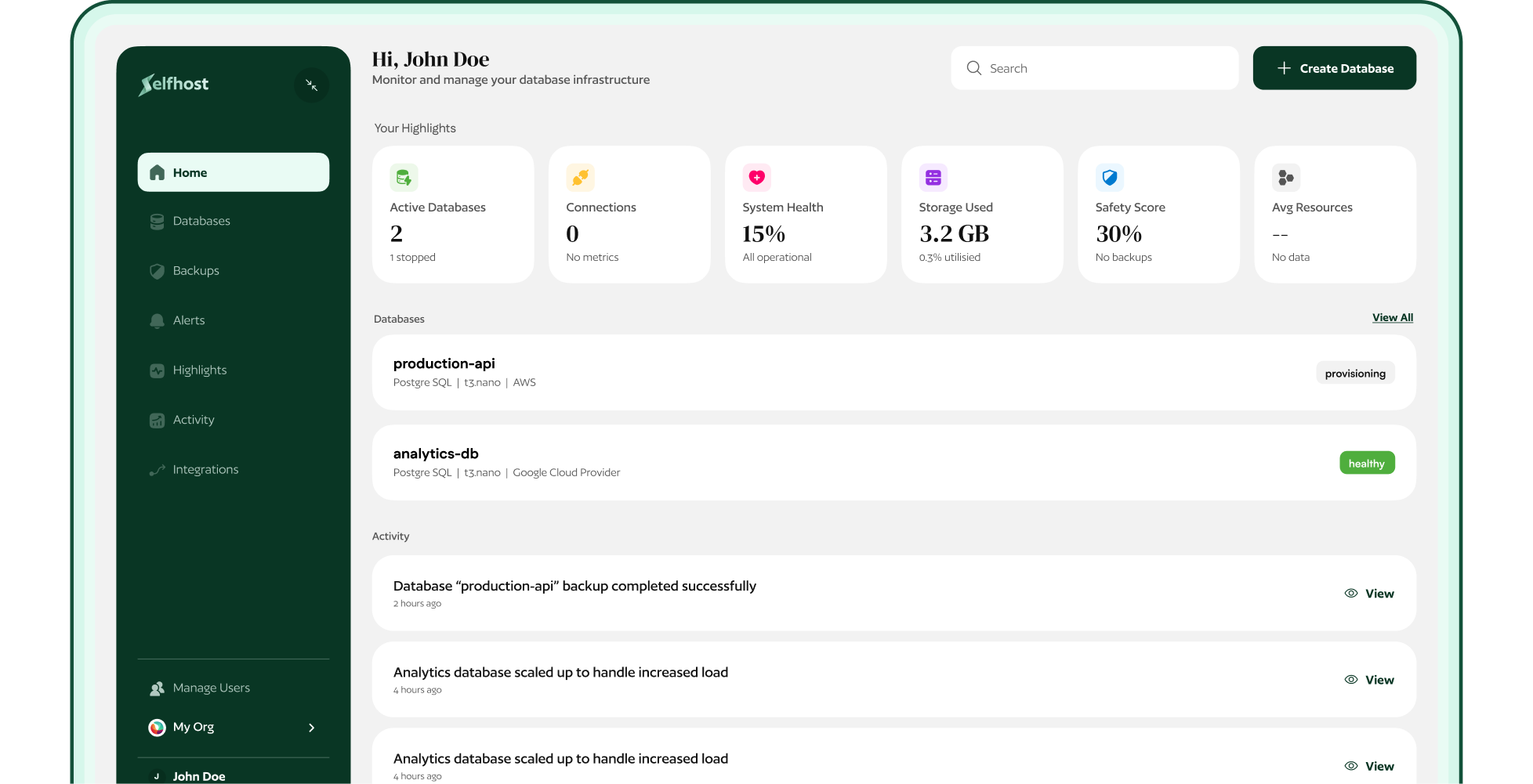 SelfHost Dashboard - real-time database monitoring and management